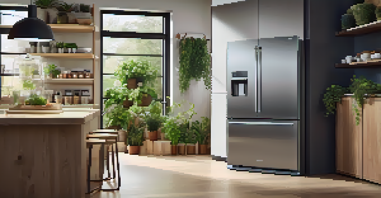 A modern kitchen featuring a smart refrigerator with inventory display, compost bins, and recycling reminders in a warm, eco-friendly setting.
