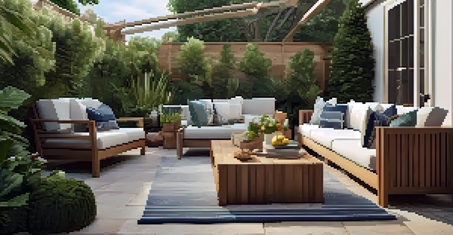 A cozy outdoor seating area with stylish furniture, cushions, and warm lighting.