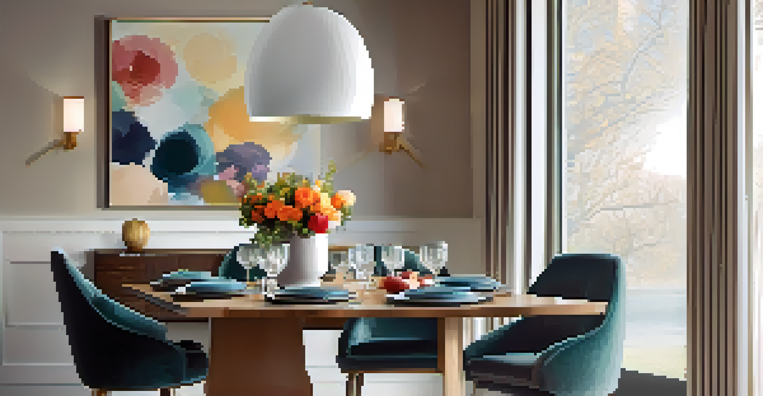 A vintage pendant light over a dining table set with colorful plates and flowers, blending vintage and modern styles.