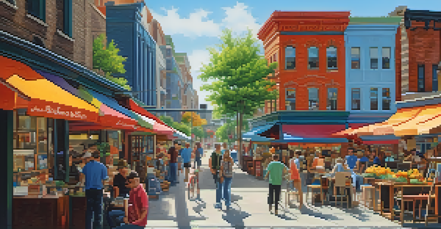 A lively commercial area with shops and cafes, full of people enjoying the outdoors on a sunny day.