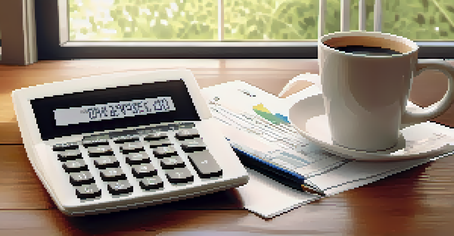 A close-up of a calculator and mortgage application surrounded by financial documents on a wooden table with natural light.