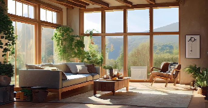 A bright and inviting room with natural insulation materials, wooden beams, and large windows filled with sunlight.