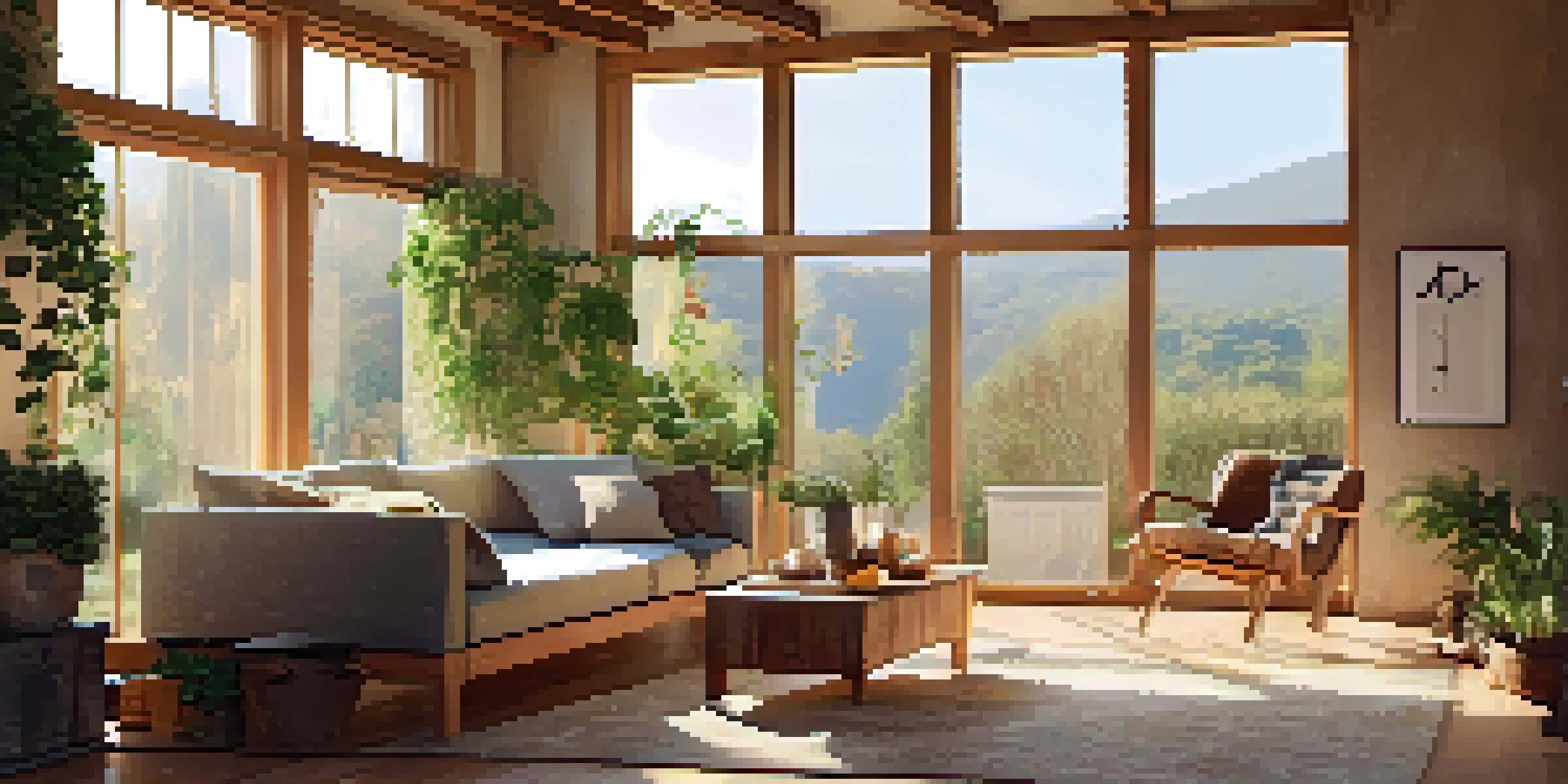 A bright and inviting room with natural insulation materials, wooden beams, and large windows filled with sunlight.