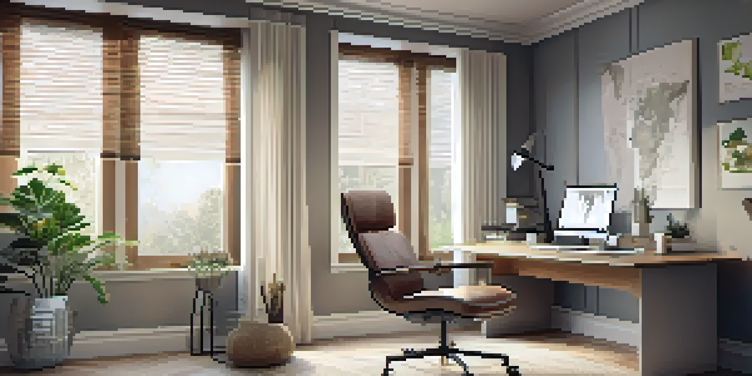 A contemporary home office with an ergonomic chair, adjustable desk, smart lighting, and automated blinds, featuring plants and artwork.