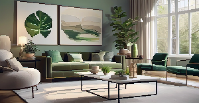 A modern living room with stylish furniture, warm lighting, and decorative art on the walls, featuring a large window and indoor plants.