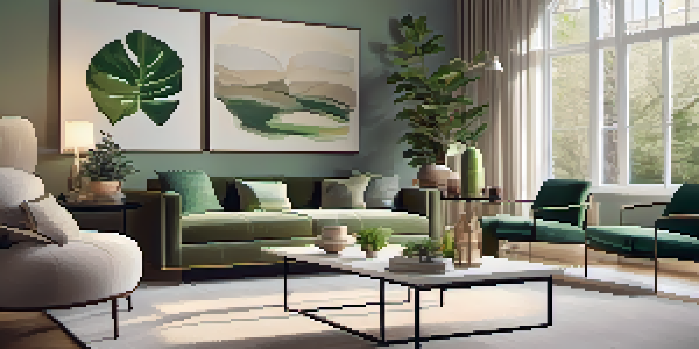 A modern living room with stylish furniture, warm lighting, and decorative art on the walls, featuring a large window and indoor plants.