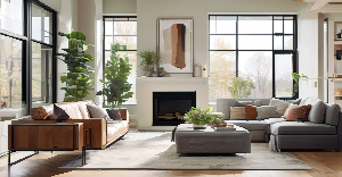 Interior view of a bright, modern open floor plan living space with kitchen and living room, featuring natural light, wooden floors, and cozy furnishings.