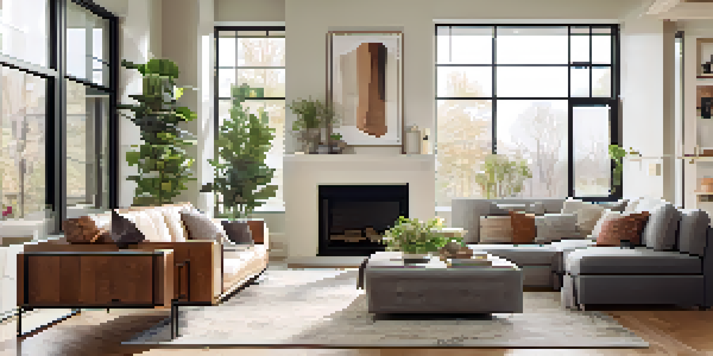 Interior view of a bright, modern open floor plan living space with kitchen and living room, featuring natural light, wooden floors, and cozy furnishings.