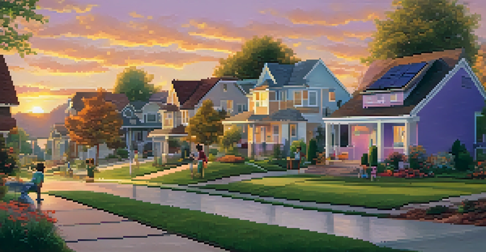 A peaceful suburban neighborhood at sunset with eco-friendly homes and families enjoying their outdoor spaces.