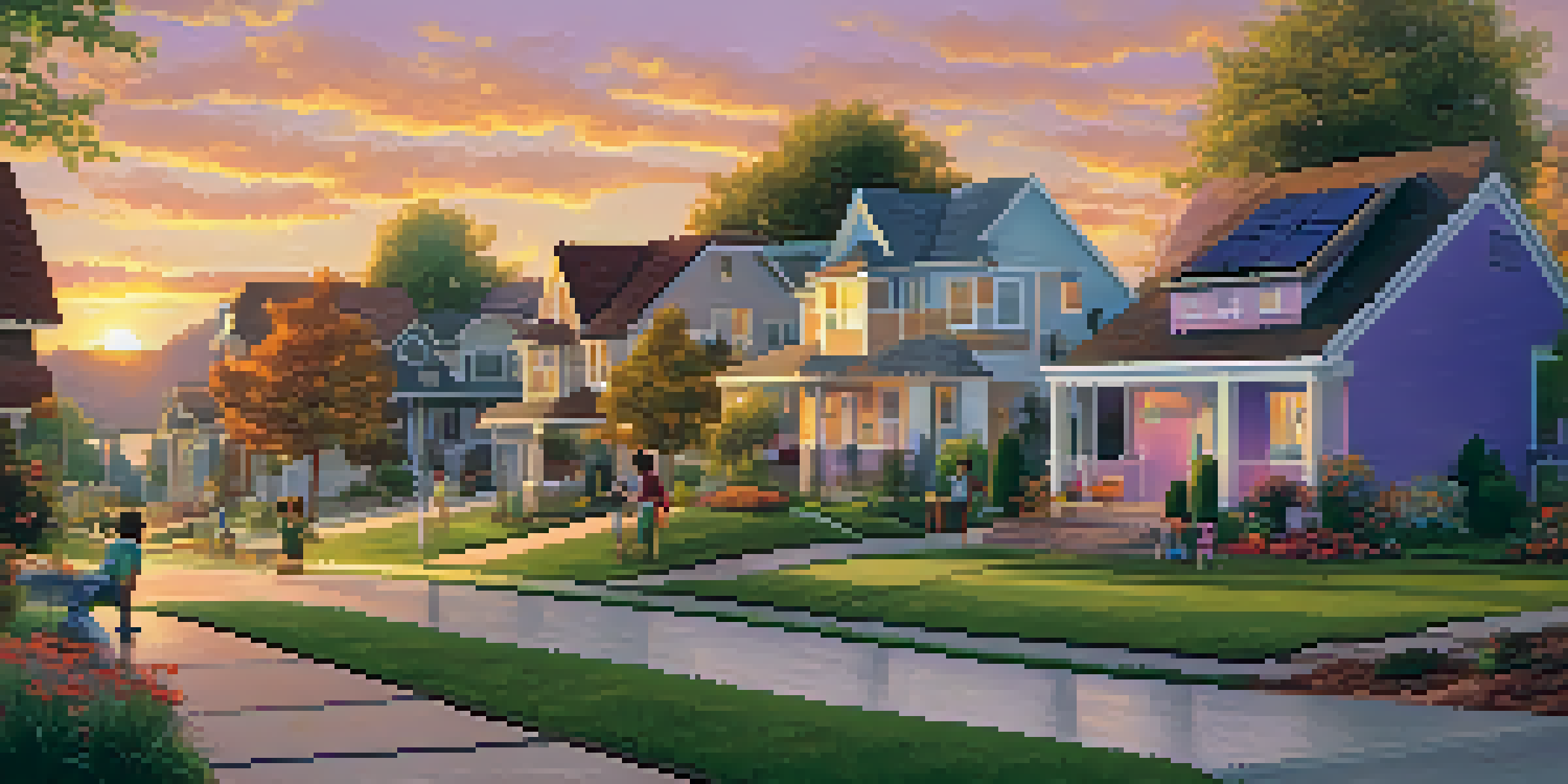 A peaceful suburban neighborhood at sunset with eco-friendly homes and families enjoying their outdoor spaces.