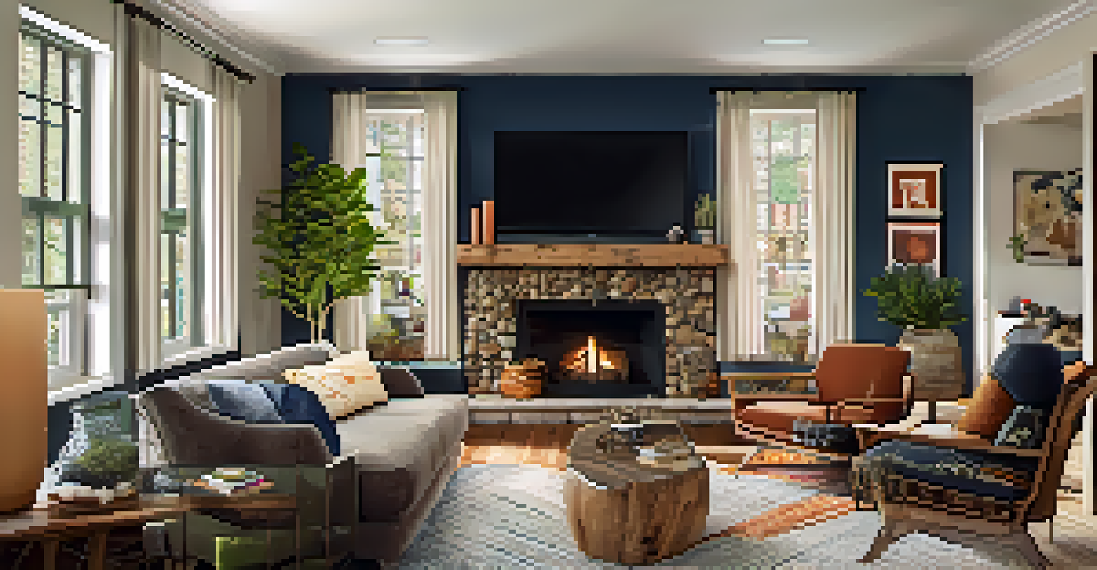 A cozy living room showcasing a blend of rustic and modern design elements, filled with warm light and personalized decor.