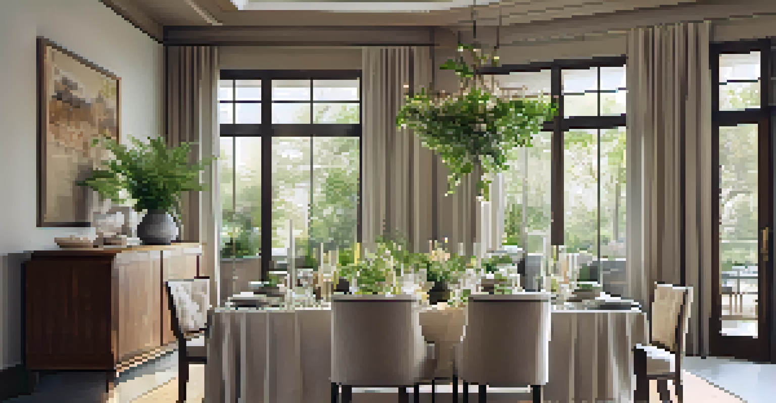 An elegantly arranged dining area with a wooden table set for a meal, featuring neutral decor and warm lighting.