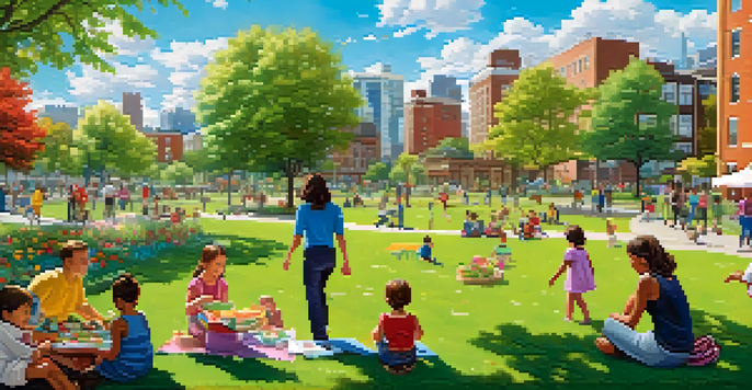 A lively city park scene with families, children playing, and a blooming community garden under a sunny sky.