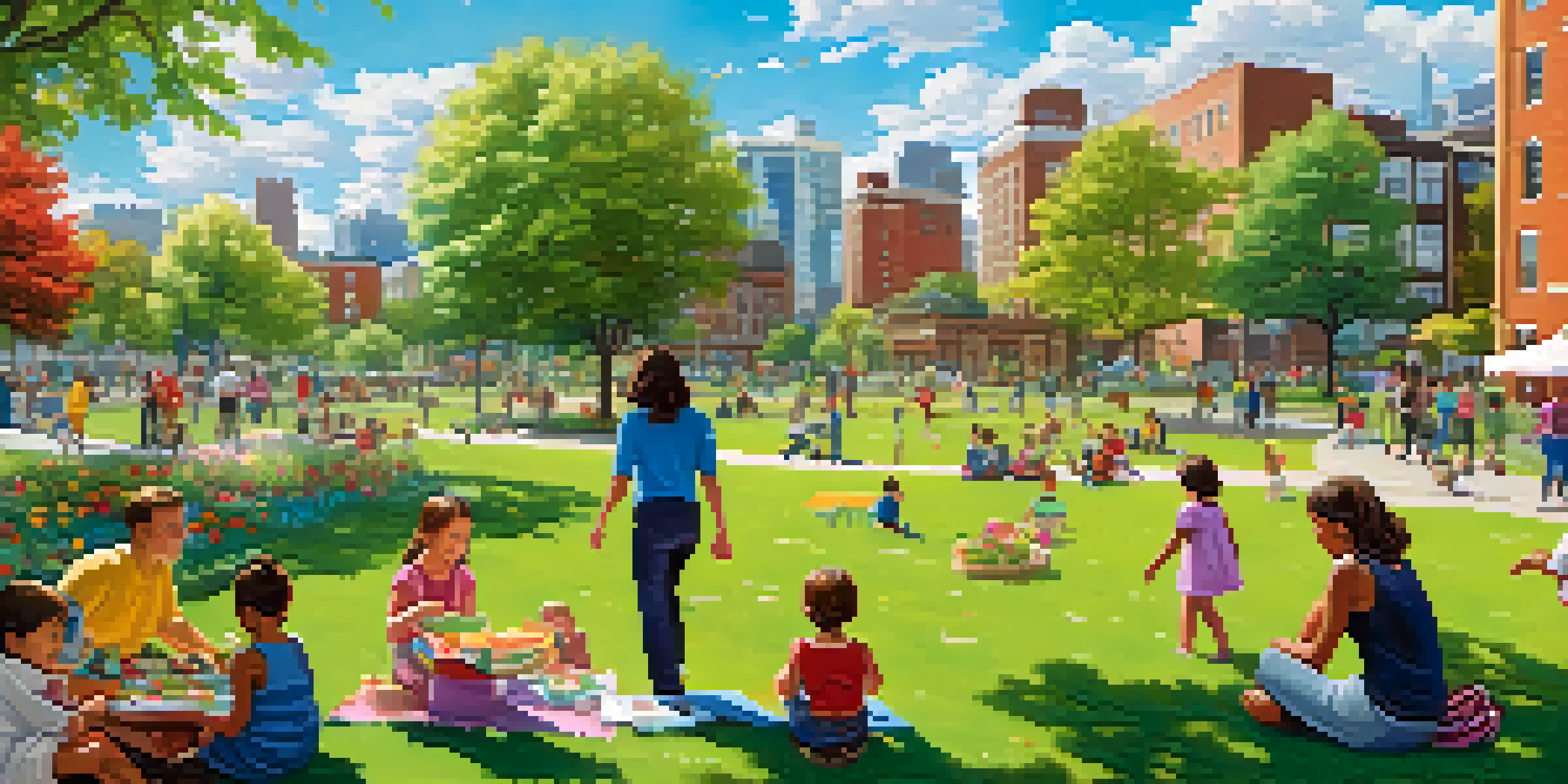 A lively city park scene with families, children playing, and a blooming community garden under a sunny sky.