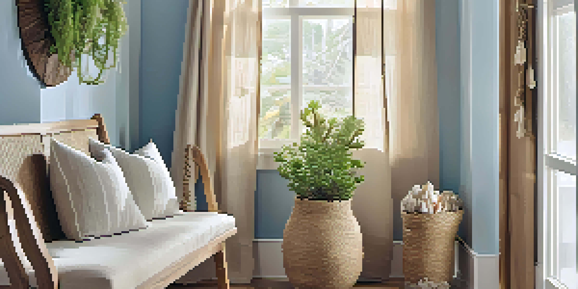 A coastal-themed entryway with blue walls, a jute rug, and natural light from windows, featuring seashells and succulents.
