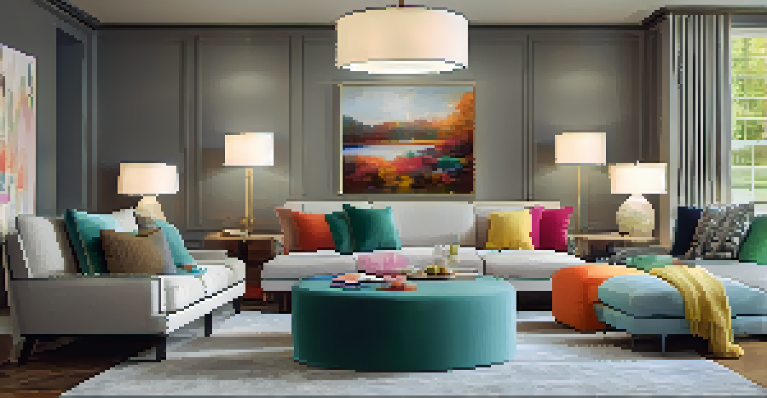 A vibrant living room with colorful ottomans and a modular sofa, featuring warm ambient lighting and personal artwork on the walls.