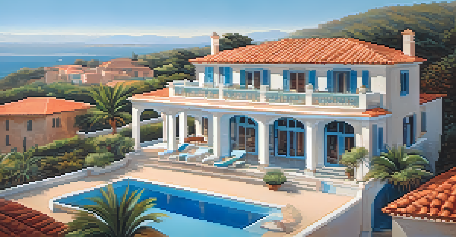 An aerial view of a Mediterranean-style home with a terracotta roof, overlooking a sandy beach and blue water on a sunny day.
