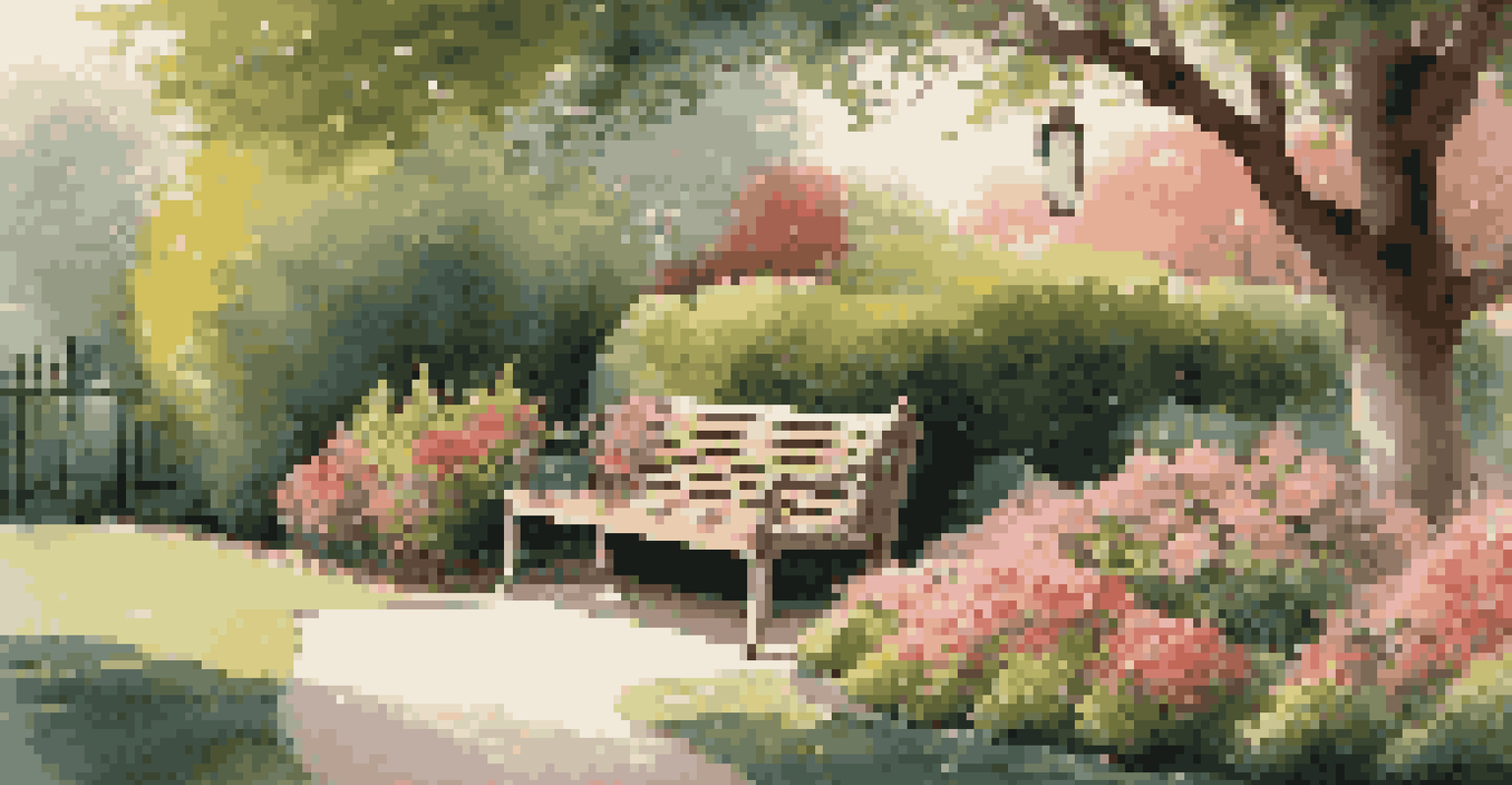 A vibrant garden with blooming flowers, a wooden bench, and well-maintained hedges under warm sunlight.