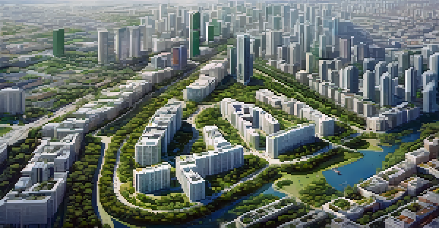 An aerial view of a city showing a mixture of residential and commercial zones with green parks.