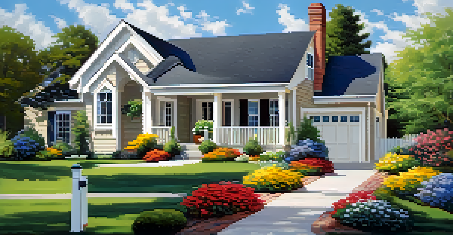 A charming home exterior with a manicured lawn, colorful flowers, and a welcoming front door under a clear blue sky.
