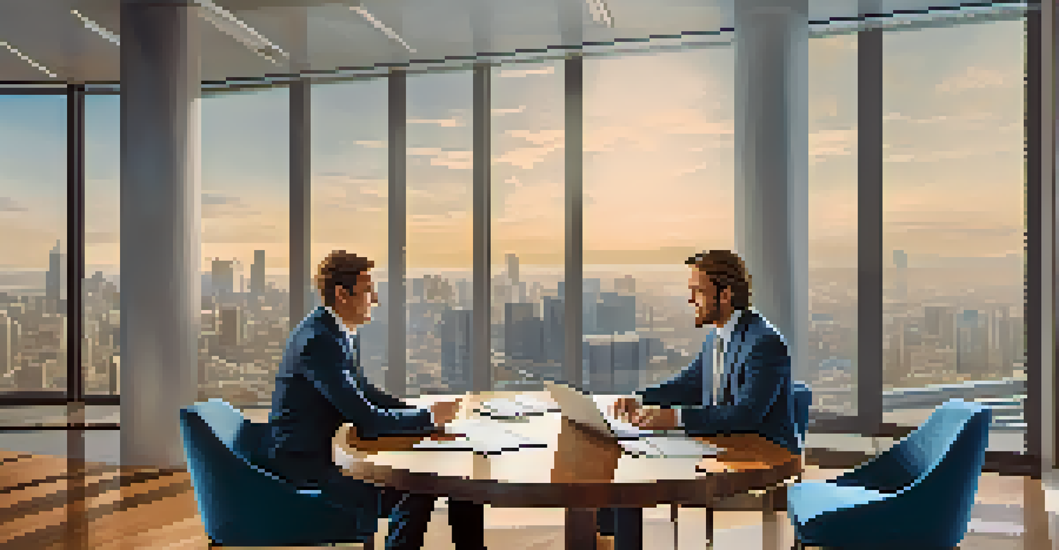Two business professionals shaking hands in a modern conference room, with documents and a laptop on the table, and a city skyline visible through large windows.