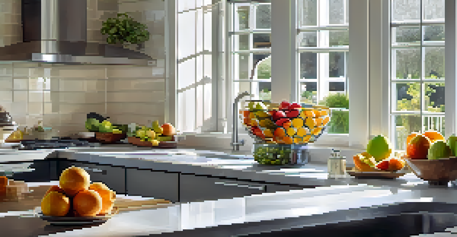 A modern kitchen with stainless steel appliances, a bowl of fruits, and sunlight streaming through a window.