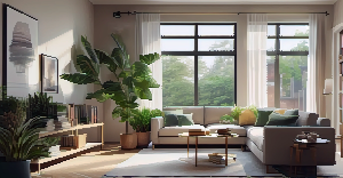 A modern and cozy living room with natural light, neutral tones, a plush sofa, and framed landscape pictures.