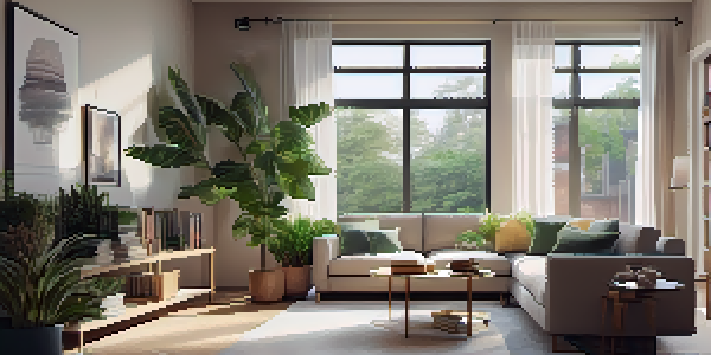 A modern and cozy living room with natural light, neutral tones, a plush sofa, and framed landscape pictures.