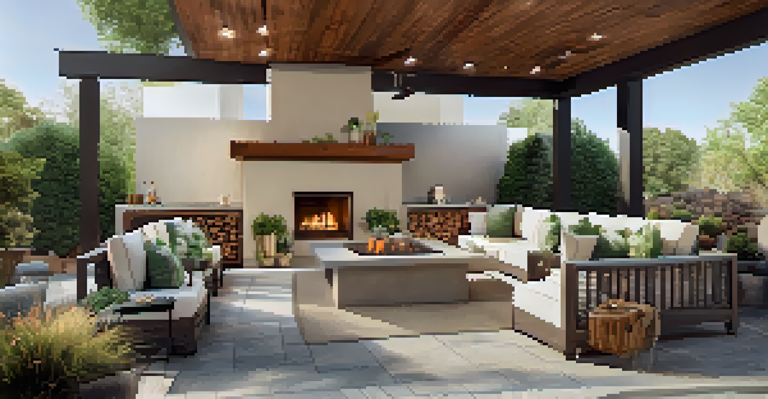 A beautiful outdoor patio with seating, greenery, and a fire pit, designed for social gatherings and relaxation.
