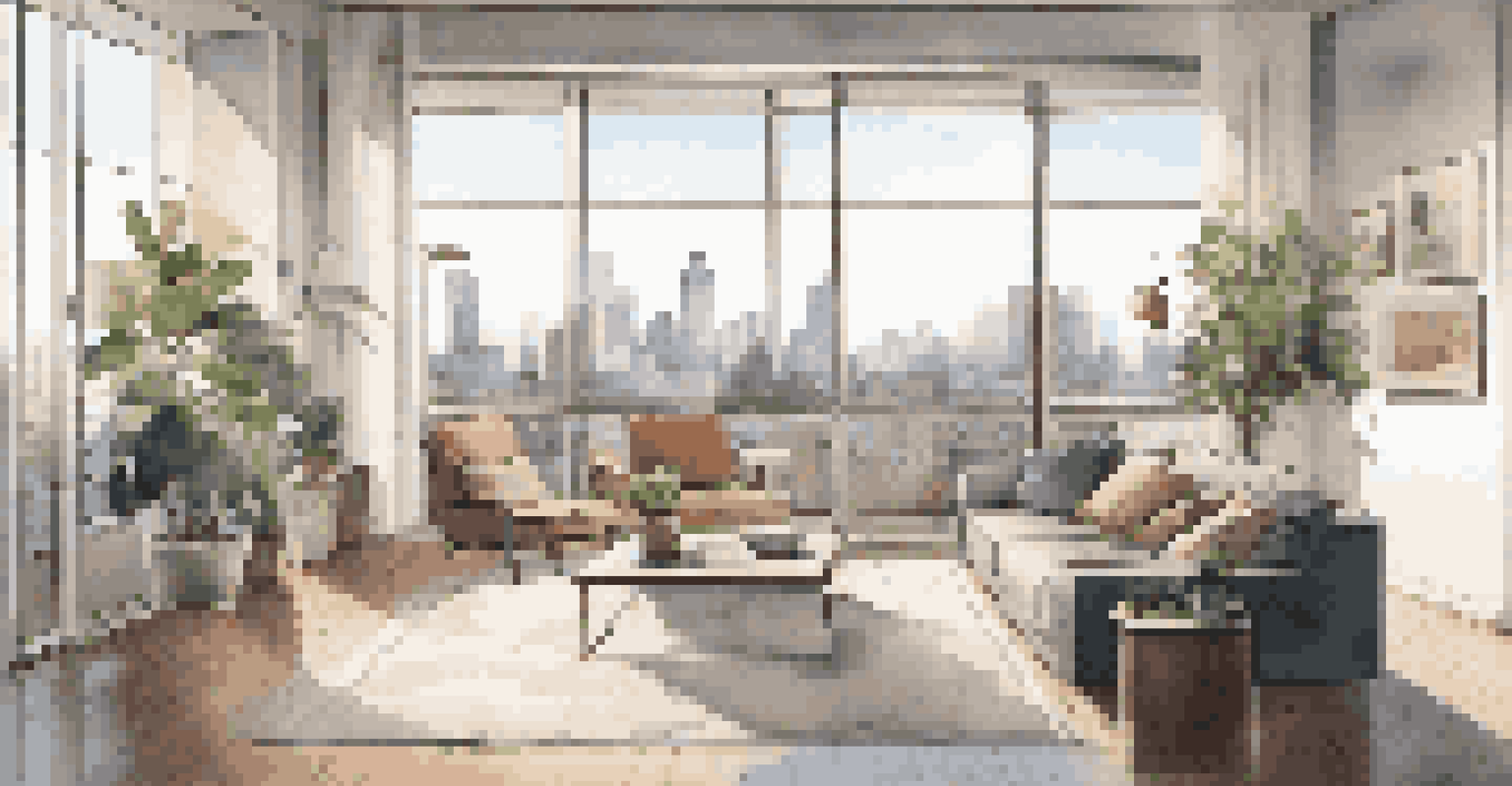 A stylish urban apartment interior with large windows, minimalist decor, and a view of the city outside.
