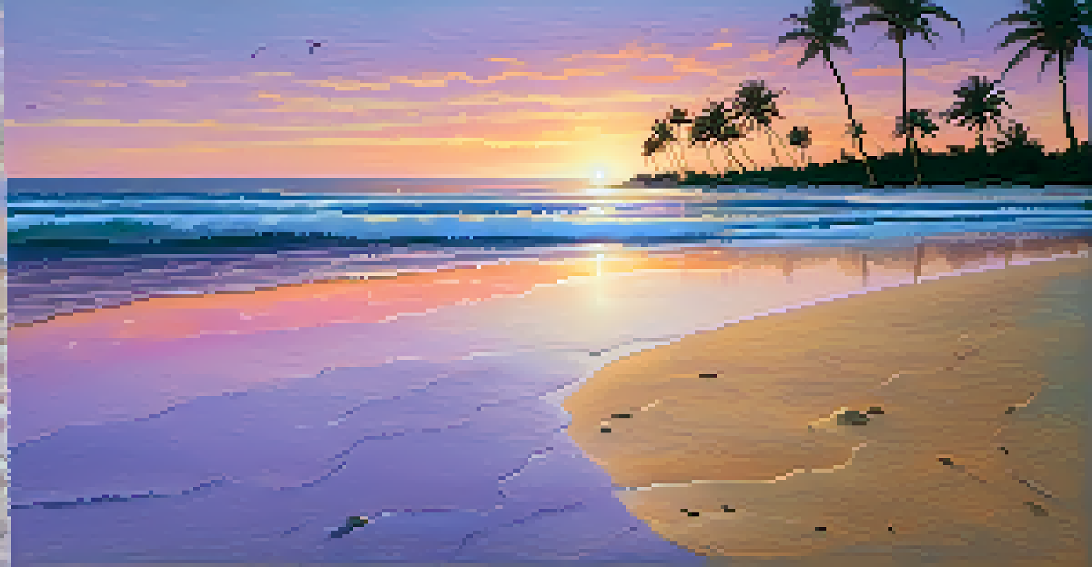 A beautiful beach at sunset, with palm trees, colorful skies, and gentle waves on the shore.