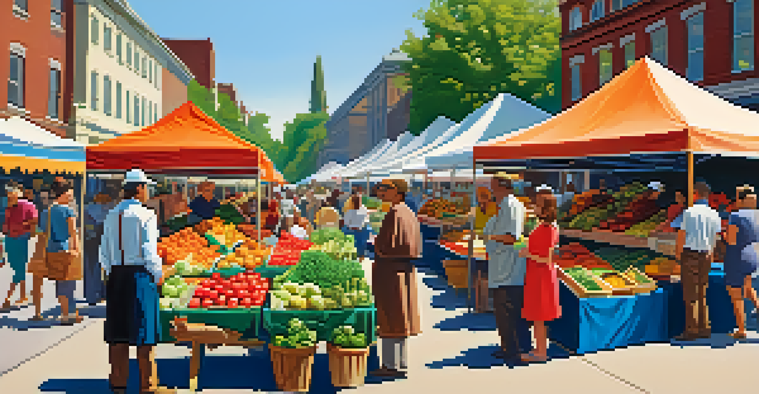 A vibrant farmer's market with stalls of fresh produce and people shopping and socializing under colorful canopies.