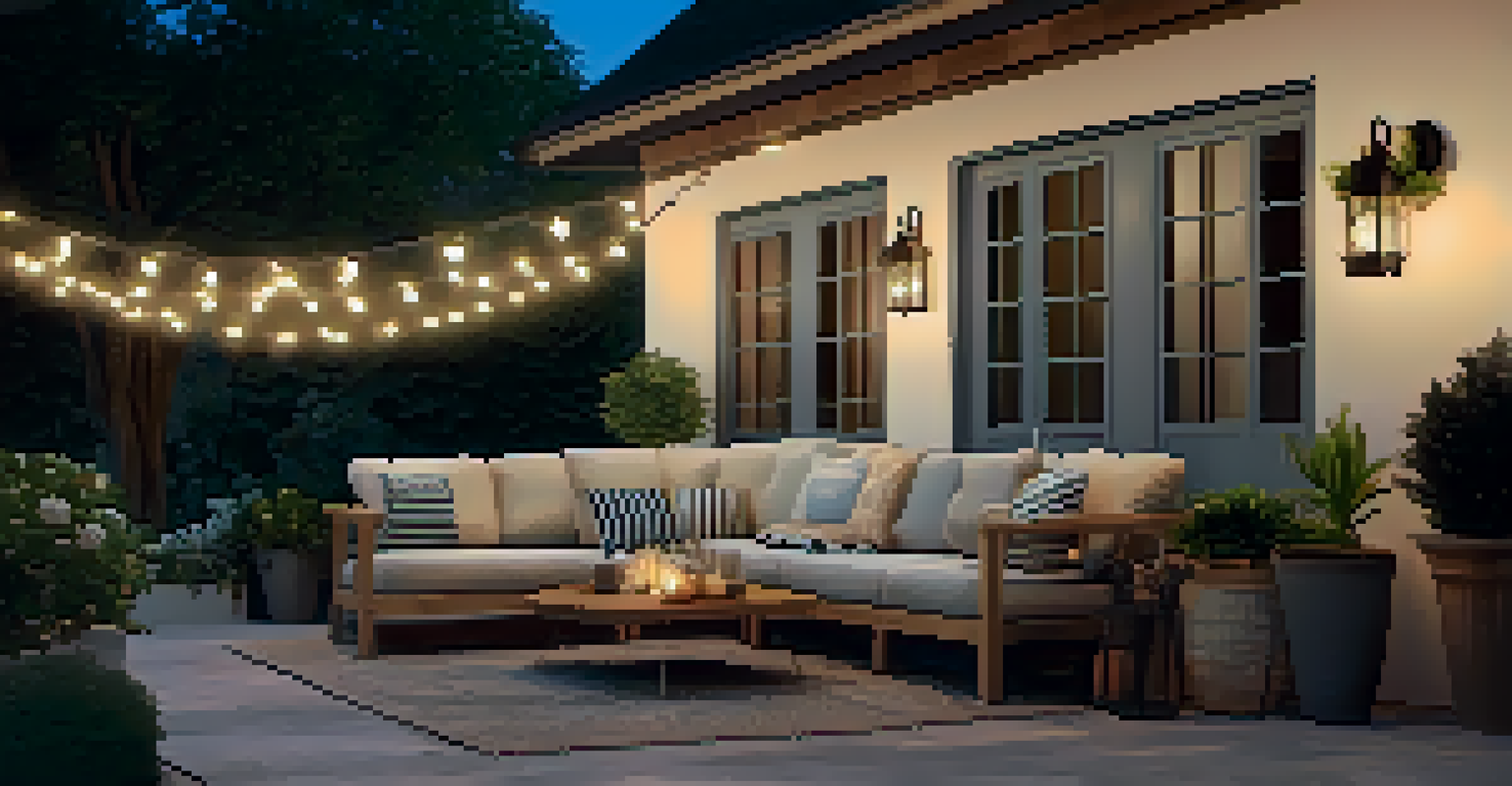 A cozy outdoor patio at dusk with ambient lighting, string lights, and potted plants.
