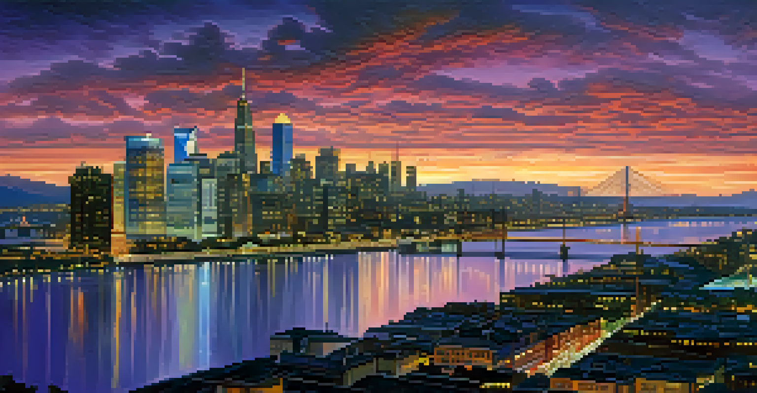 An aerial view of a city skyline at dusk with illuminated buildings and a river reflecting the sunset.