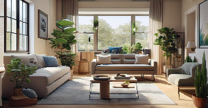 A cozy living room with multi-functional furniture including a coffee table that serves as storage, a modular sofa, and an expandable dining table, all bathed in warm natural light.