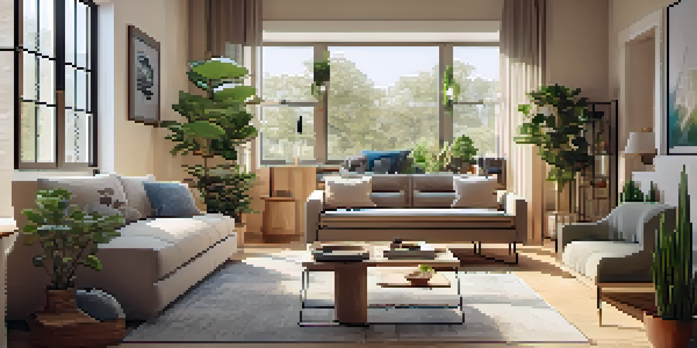 A cozy living room with multi-functional furniture including a coffee table that serves as storage, a modular sofa, and an expandable dining table, all bathed in warm natural light.