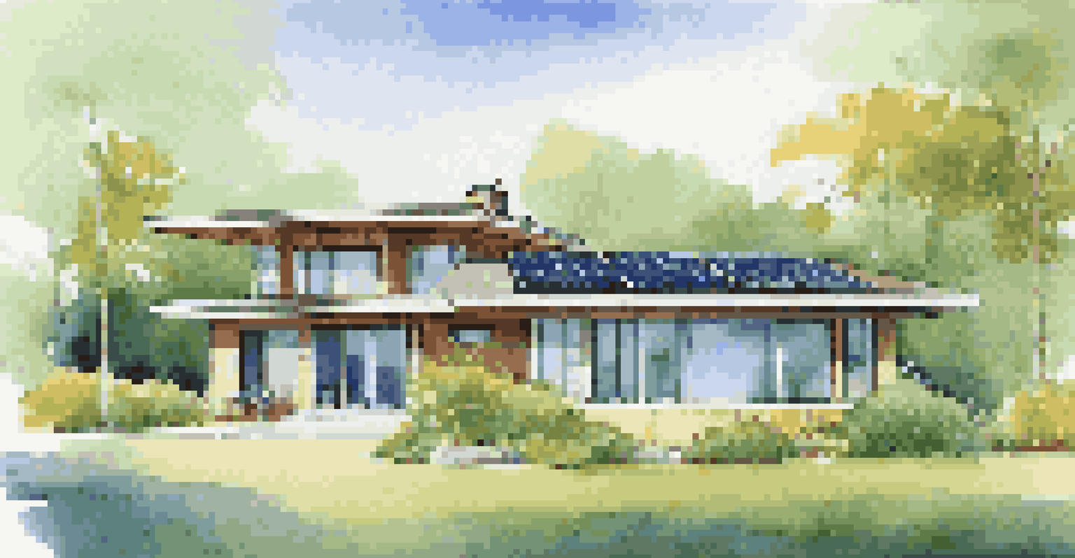 A modern home with solar panels and sustainable landscaping, set against a blue sky.