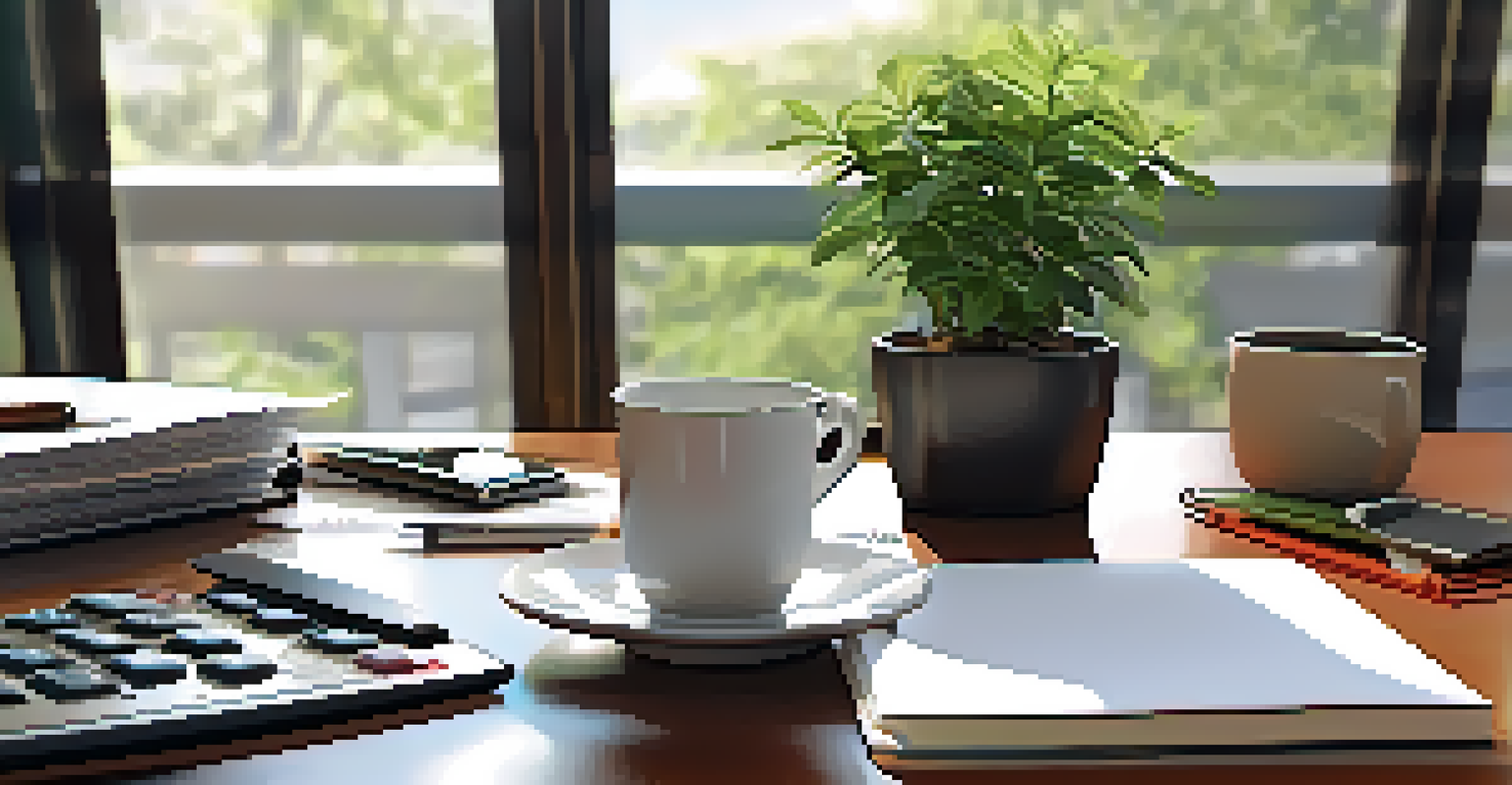 A professional closing table with documents, a pen, and a calculator, bathed in natural light for a mortgage meeting.