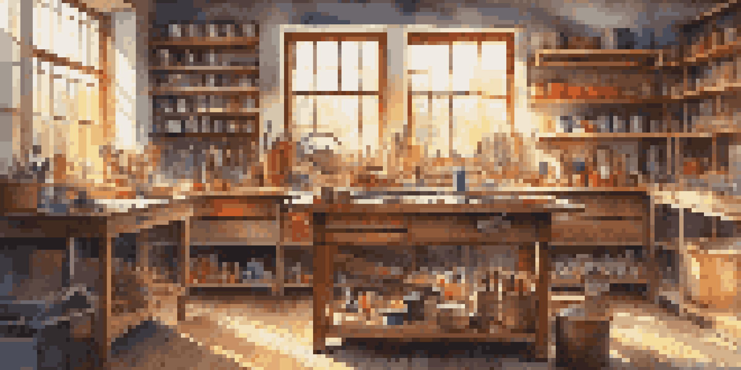 A well-organized DIY workshop with tools and materials on a wooden workbench, illuminated by sunlight.