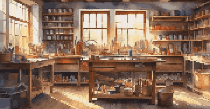 A well-organized DIY workshop with tools and materials on a wooden workbench, illuminated by sunlight.