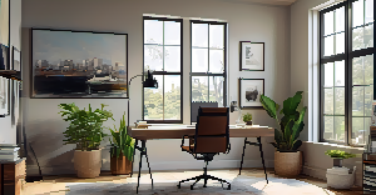 A modern home office with ample natural light, featuring a desk, computer, and plants for a productive environment.