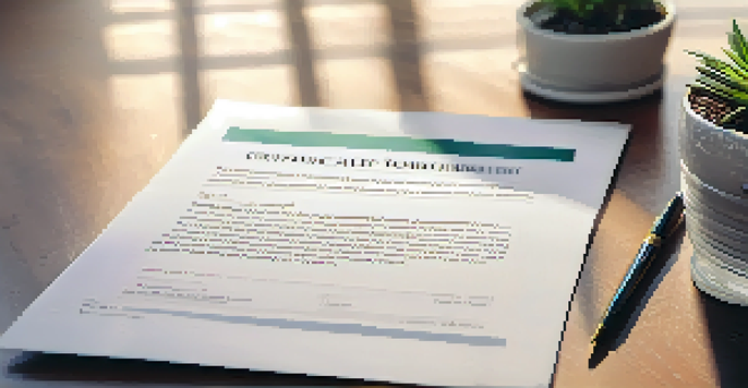 A close-up of a real estate contract with a pen on a wooden table in a cozy office setting, featuring soft natural light.