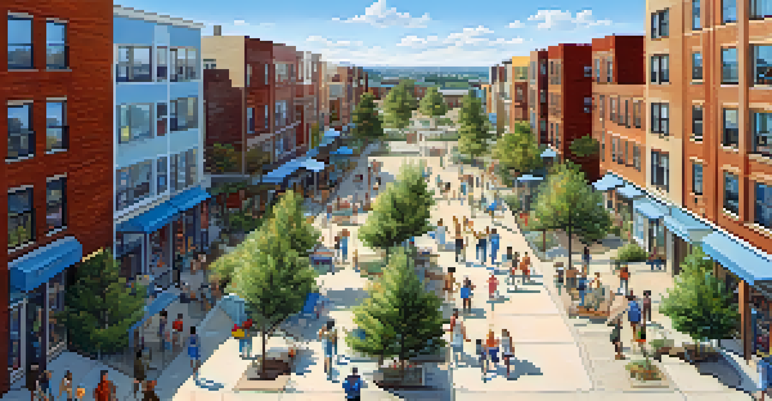 An aerial view of a revitalized neighborhood with new housing, parks, and bustling community life.