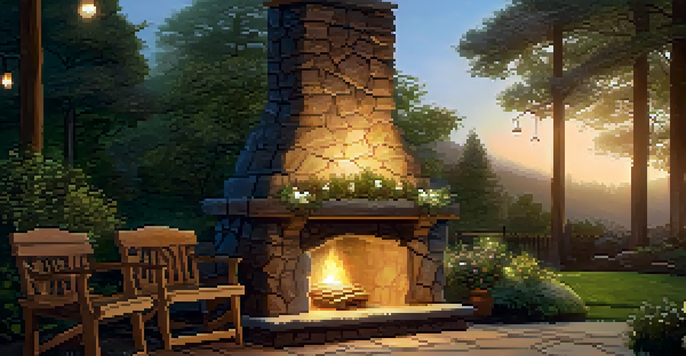 A natural stone outdoor fireplace with a warm fire, surrounded by wooden seating in a garden at dusk, illuminated by soft golden lights.