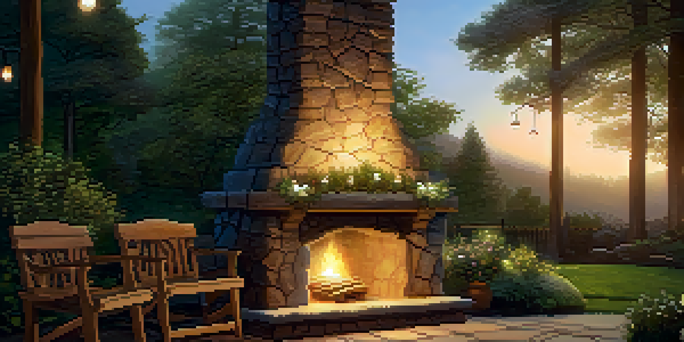 A natural stone outdoor fireplace with a warm fire, surrounded by wooden seating in a garden at dusk, illuminated by soft golden lights.