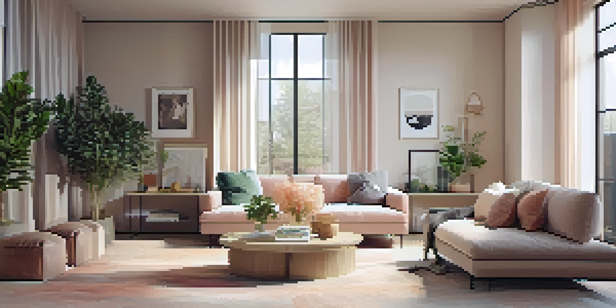 A bright and inviting small living room with a modern sofa, textured rug, and natural light streaming through a large window.