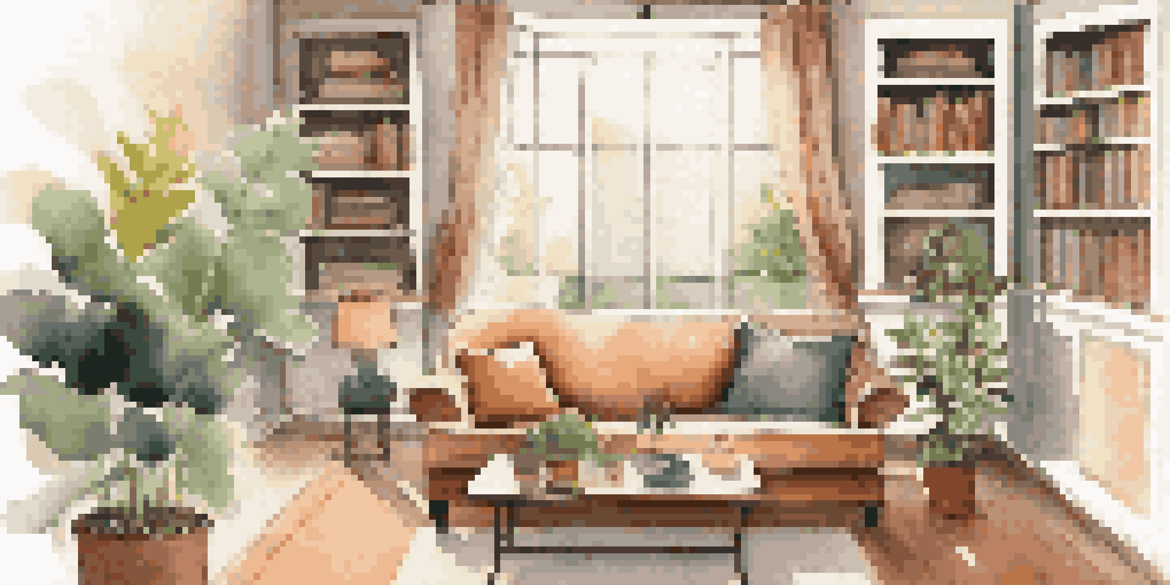 A warm and inviting living room with natural light from a large window, featuring a sofa, coffee table, and house plant.