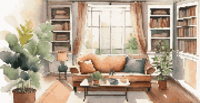 A warm and inviting living room with natural light from a large window, featuring a sofa, coffee table, and house plant.