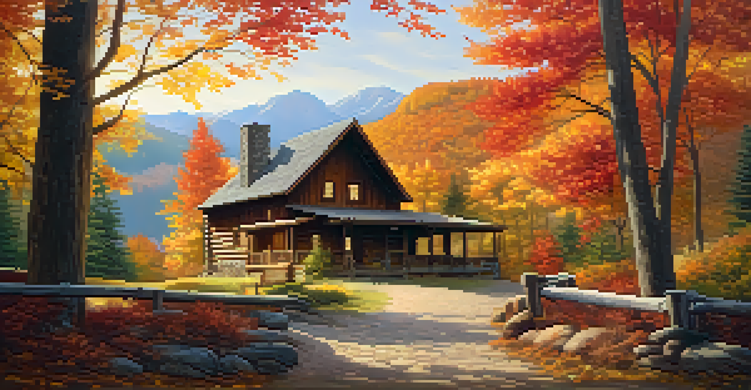 A charming mountain cabin in fall, framed by colorful autumn leaves and warm light shining from the windows.