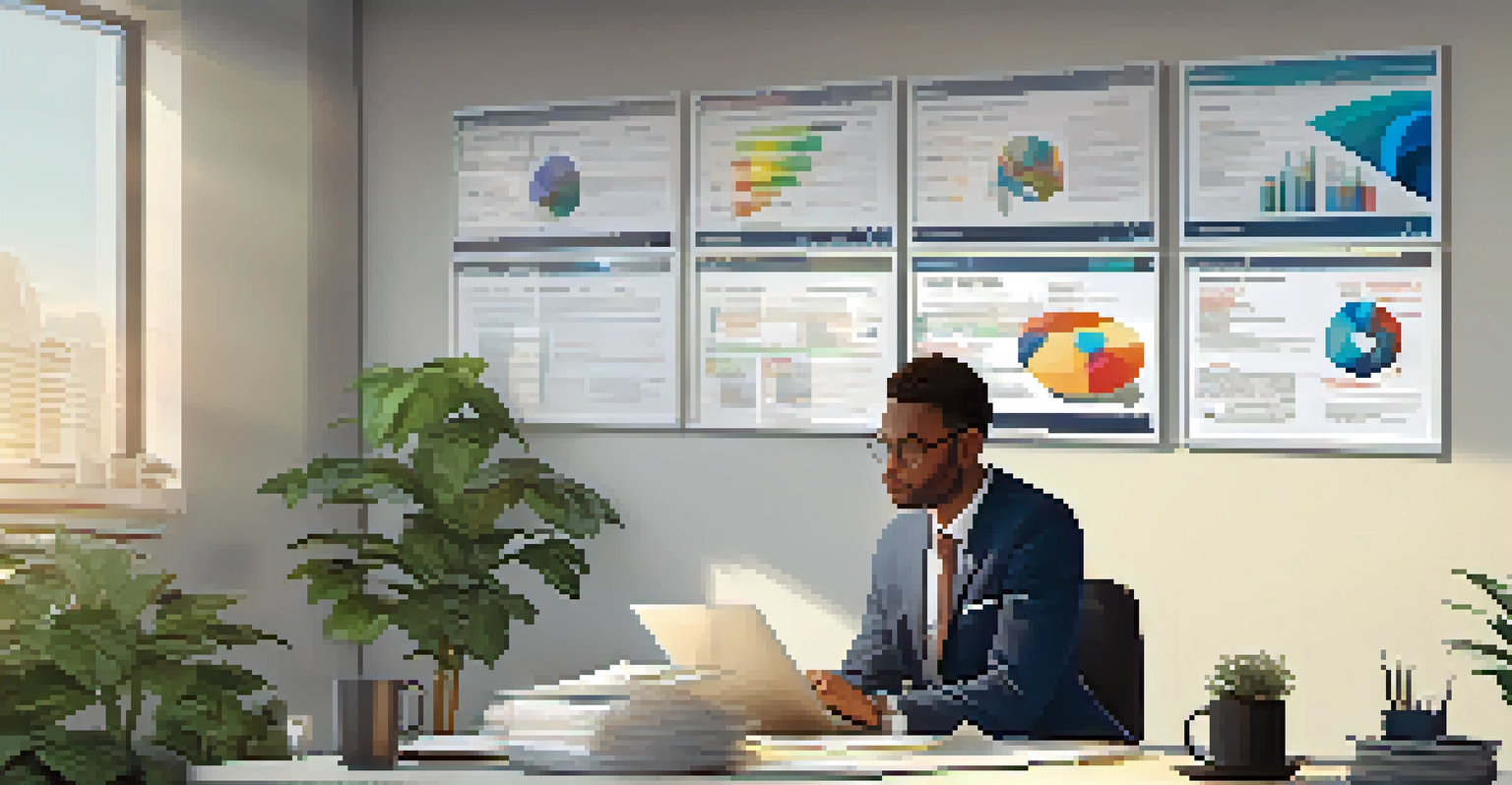 A property manager sitting at a desk in a modern office, reviewing applications with a poster about fair housing laws visible on the wall.